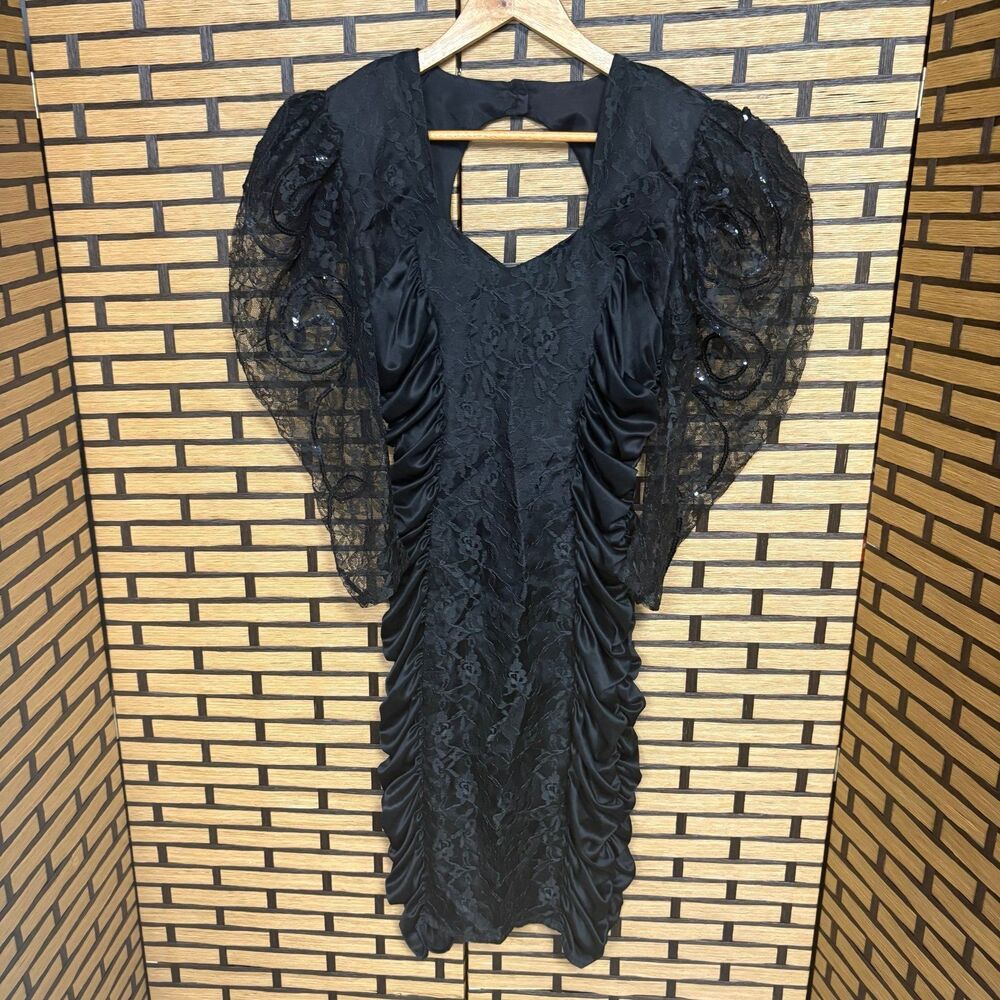 Mayvens Black Ruched Lace Sleeve Dress Size 7